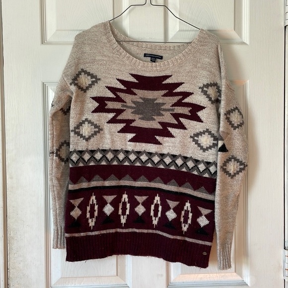 American eagle outfitters wool geometrical burgundy beige pullover sweater sz XS - Picture 1 of 16